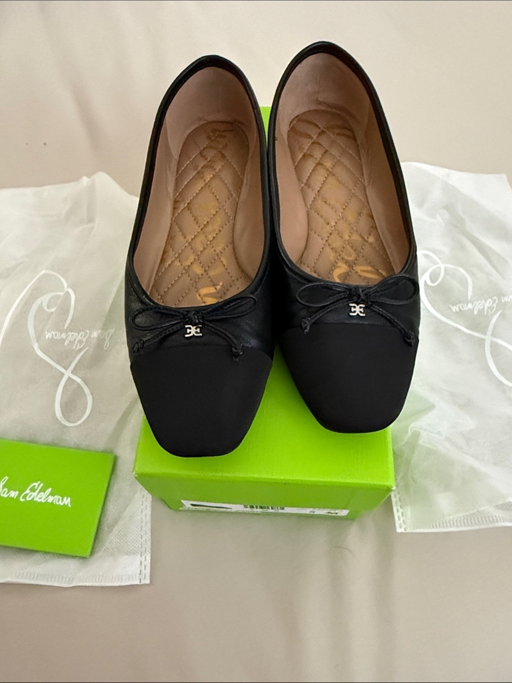Sam Edelman Marley Black Leather Square-Toe Bow Ballet Flats